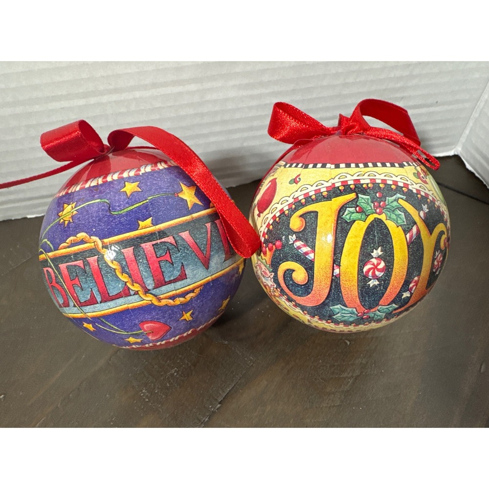 Mary Engelbreit Christmas Ornaments Set of 2 Believe Joy Santa Gingerbread 3in